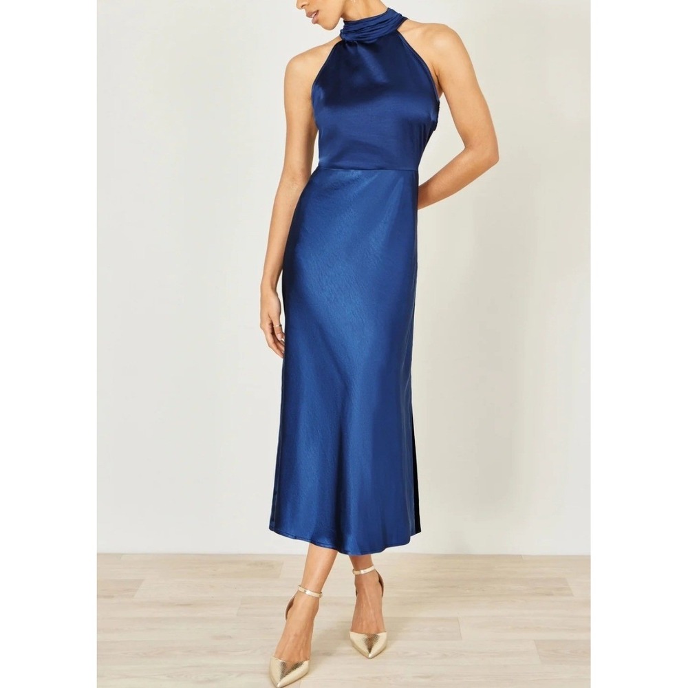 Yumi Navy Blue Satin Halter Neck Midi Dress Women's US 12 Formal Wedding NWT